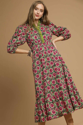Umgee Vibrant Floral Print Maxi Dress in Sage Mix
