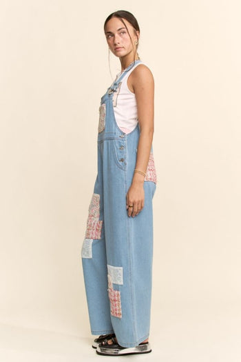 Davi & Dani Lace and Tweed Patchwork Denim Overalls in Light Denim