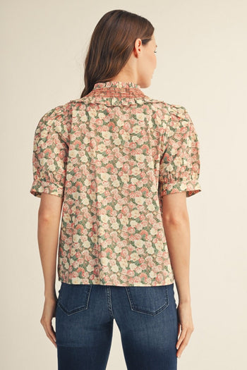 Jodifl Ruffle Detail Button Down Floral Top in Taupe