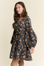 Load image into Gallery viewer, J.nna Denim Floral Print Belted Mini Dress in Dark Floral Denim
