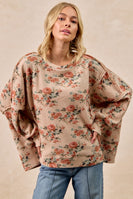 BiBi OVERSIZED Floral Print Waffle Knit Top in Taupe ON ORDER