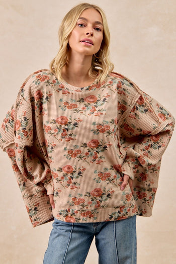 BiBi OVERSIZED Floral Print Waffle Knit Top in Taupe ON ORDER