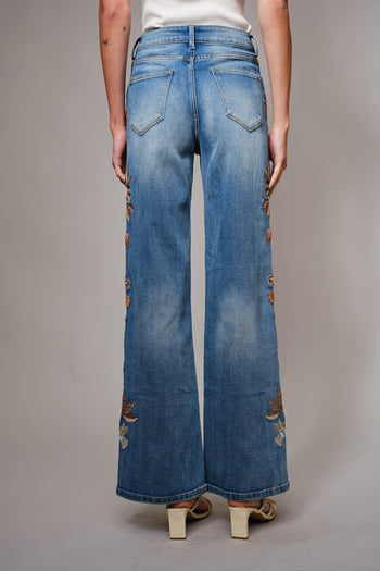 Blue B Wide Leg Denim Jeans With Floral Embroidery Down Sides in Medium Wash ON ORDER