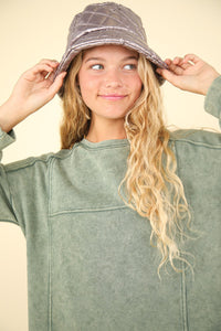 Very J OVERSIZED Mineral Washed Sweatshirt Mini Dress in Sage