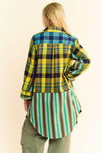 Load image into Gallery viewer, Davi &amp; Dani Mixed Stripe and Plaid Button Down Tunic Top in Jade Multi
