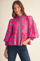 Jodifl Button Down Polka Dot Peplum Top in Hot Pink