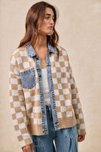 Load image into Gallery viewer, BiBi Sweater Knit Checkered and Denim Trim Jacket in Latte
