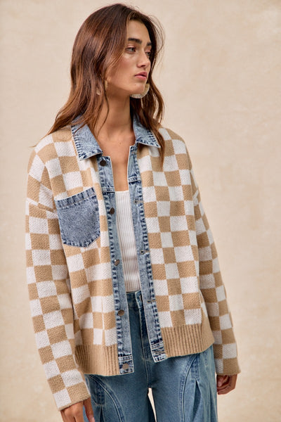 BiBi Sweater Knit Checkered and Denim Trim Jacket in Latte – June Adel