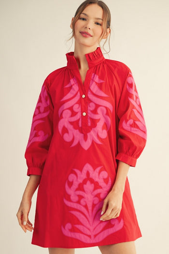 Jodifl Baroque Floral Applique Shift Dress in Red