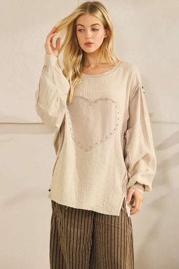 Sage+Fig Studded Heart Patched Top in Gray