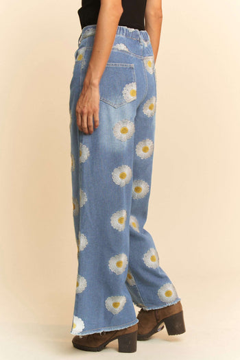 Davi & Dani Wide Leg Jeans with Daisy Flower Stitching in Blue Denim
