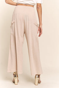 J.nna Smocked Waist Boho Pants in Light Beige