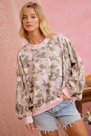 BiBi OVERSIZED Camouflage Printed Terry Cut Edge Detailed Sweatshirt in Blush/Light Olive