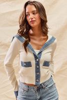 So Me FITTED Knit Sweater Cardigan with Contrasting Denim Details in Ivory