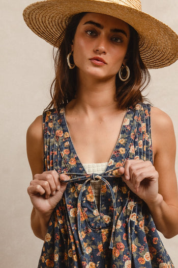 BiBi Washed Denim Floral Print Romper in Denim