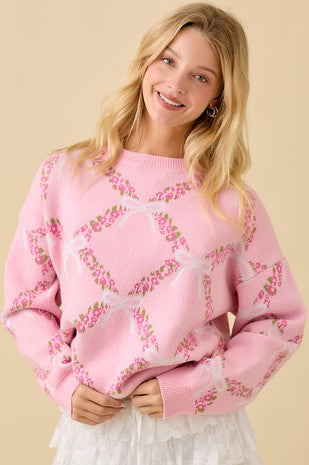 Main Strip Coquette Ribbon and Floral Print Knit Sweater in Pink
