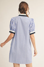 Load image into Gallery viewer, Jodifl Striped Button Front Puff Sleeve Dress in Blue
