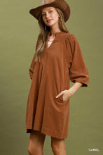 Load image into Gallery viewer, Umgee Corduroy V-Neck Puff Sleeve Shift Dress with Pockets in Camel
