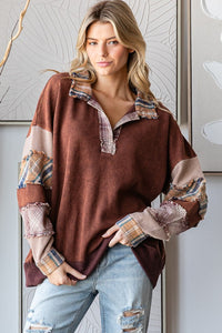 Oli & Hali OVERSIZED Top with Patchwork Detailed Sleeves in Burgundy