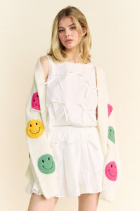 Davi & Dani Open Front Cardigan with Smiley Face Patches in White