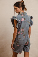 BiBi Washed Floral Print Zip Up Front Romper in Denim