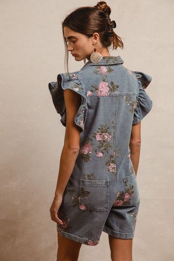 BiBi Washed Floral Print Zip Up Front Romper in Denim