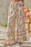 BiBi Flower Printed Twill Ruffled Detail Wide Pants in Cream