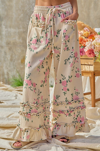 BiBi Flower Printed Twill Ruffled Detail Wide Pants in Cream