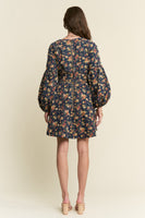 J.nna Denim Floral Print Belted Mini Dress in Dark Floral Denim
