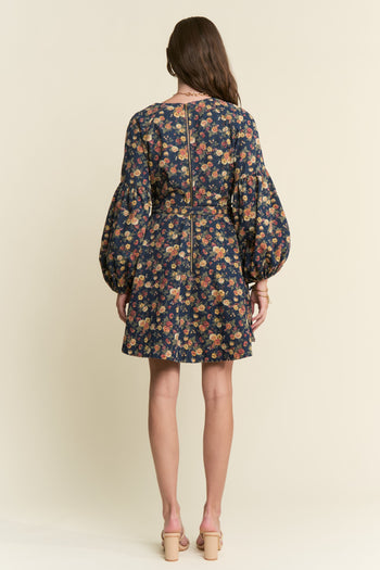 J.nna Denim Floral Print Belted Mini Dress in Dark Floral Denim