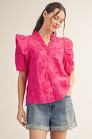 Jodifl Ruffle Detail Button Down 3D Floral Top in Hot Pink