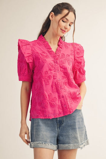 Jodifl Ruffle Detail Button Down 3D Floral Top in Hot Pink