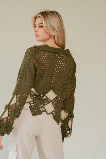 Davi & Dani Open Knit Crochet CROPPED Sweater in Olive
