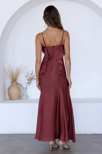 Storia Satin Ruffle V-Neck Dress in Raspberry