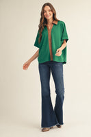 Jodifl Faux Leather Accent Drop Shoulder Solid Top in Green