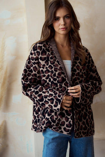 LovLov Open Front Sweater Knit Cardigan in Leopard Mocha ON ORDER