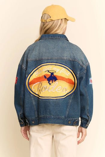 Davi & Dani Western Embroidered Trucker Jacket in Denim Blue