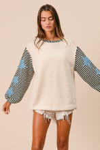 Load image into Gallery viewer, BiBi Solid Color Body Top with Striped Sleeves and Star Patches in Oatmeal
