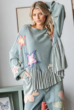 Load image into Gallery viewer, Oli &amp; Hali Mineral Washed Star Patched Top with Contrasting Ruffled Hem in Sage
