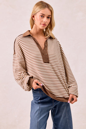 BiBi Mix n Match Slub Knit and Stripes Top in Mocha