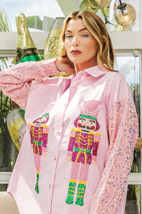 BiBi Button Up Shirt with Large Sequin Nutcrackers and Velvet Sequin Sleeves in Pink