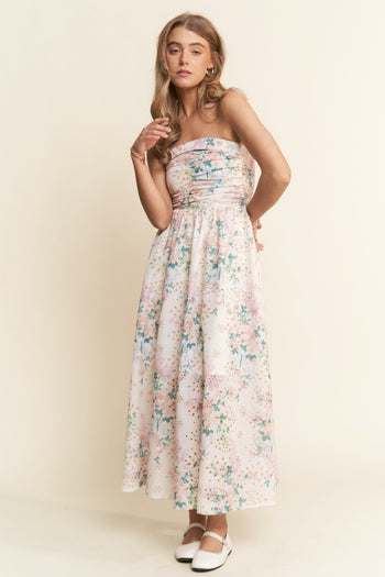 J.nna Floral Print Embroidered Strapless Midi Dress in Spring Bloom