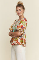 J.nna Mixed Floral and Striped Babydoll Top in Rust Multi