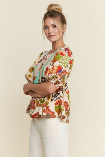 J.nna Mixed Floral and Striped Babydoll Top in Rust Multi