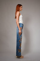 Blue B Wide Leg Denim Jeans With Floral Embroidery Down Sides in Medium Wash ON ORDER