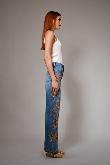 Blue B Wide Leg Denim Jeans With Floral Embroidery Down Sides in Medium Wash ON ORDER