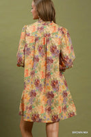 Umgee Mix Floral Print Smocked Cuff Mini Dress in Brown Mix