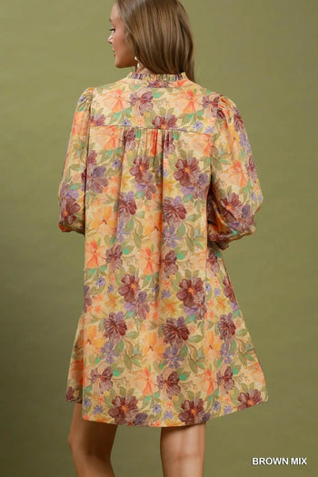 Umgee Mix Floral Print Smocked Cuff Mini Dress in Brown Mix