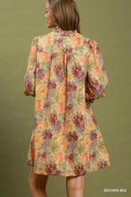 Load image into Gallery viewer, Umgee Mix Floral Print Smocked Cuff Mini Dress in Brown Mix
