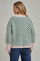 BON Soft Jacquard Geometric Sweater in Green/Blush